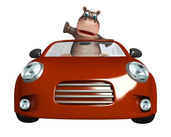 Hippo personagem de desenho animado com carro — Fotografia de Stock