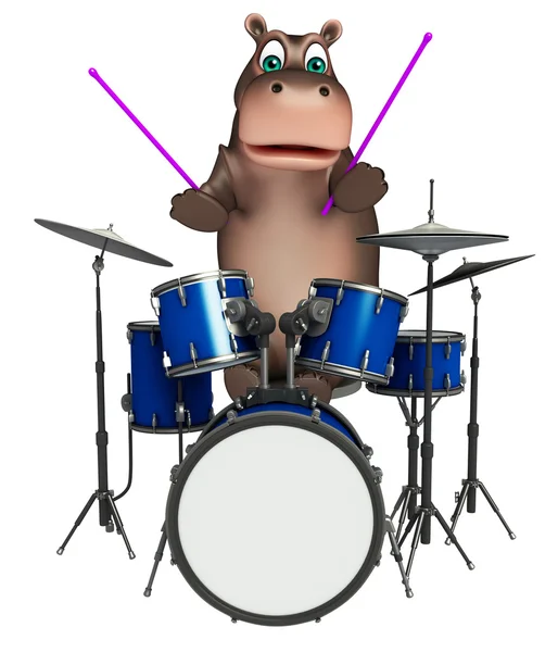 Lindo personaje de dibujos animados Hippo con tambor — Foto de Stock