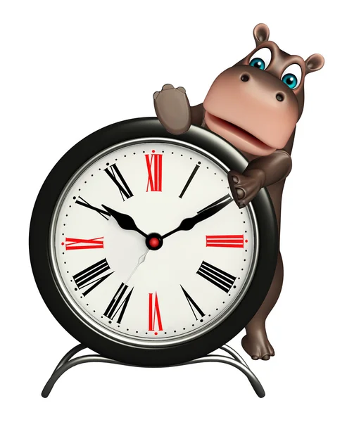 Mignon personnage de dessin animé Hippo avec horloge — Photo