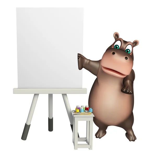 Lindo personaje de dibujos animados Hippo con tablero de caballete — Foto de Stock