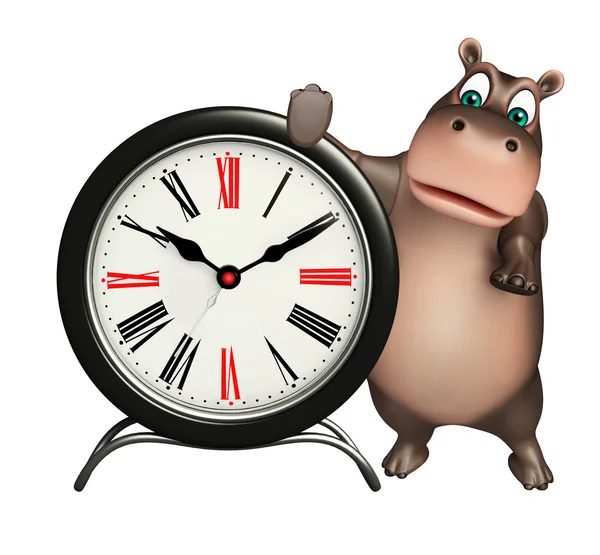 Mignon personnage de dessin animé Hippo avec horloge — Photo