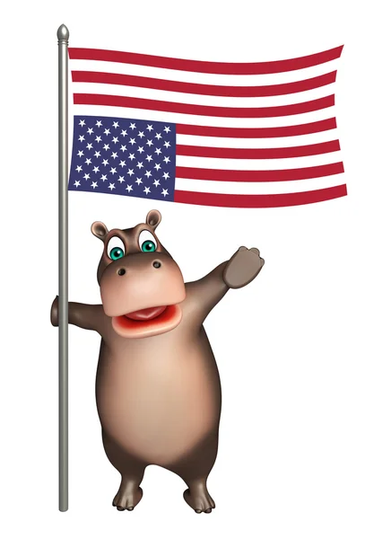 Amusant personnage de dessin animé Hippo avec drapeau — Photo