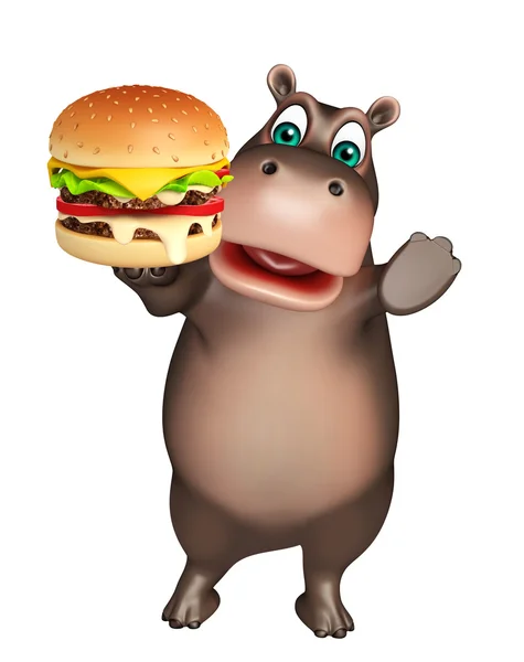 Rolig flodhäst seriefiguren med burger — Stockfoto