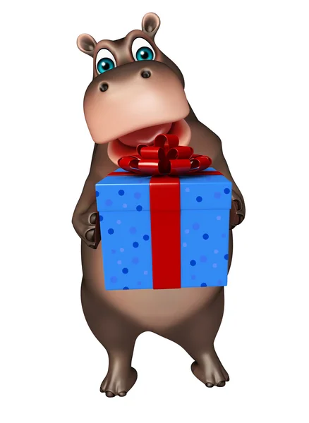 Divertido personaje de dibujos animados hipopótamo con caja de regalo —  Fotos de Stock