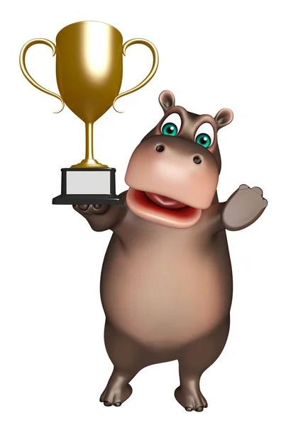 Divertido Hippo personagem de desenho animado com copo vencedor — Fotografia de Stock