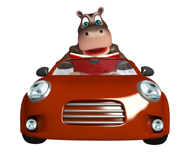 Divertido personaje de dibujos animados Hippo con coche —  Fotos de Stock