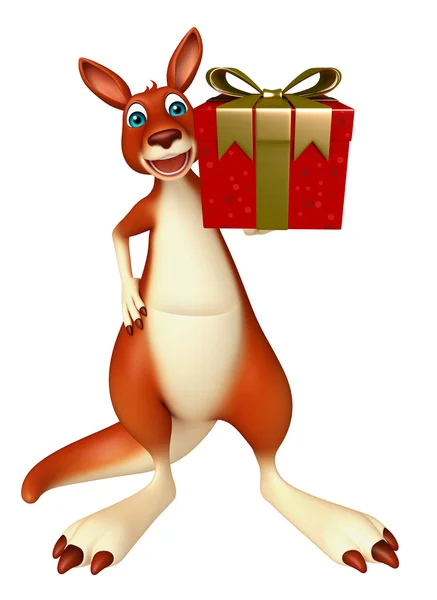 Divertido personaje de dibujos animados canguro con caja de regalo —  Fotos de Stock