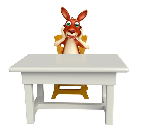 Divertido personaje de dibujos animados canguro con mesa y silla —  Fotos de Stock