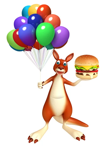 Känguru-Comicfigur mit Burger und Luftballon — Stockfoto