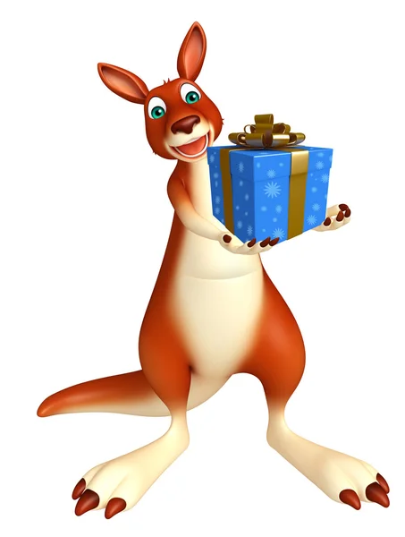 Divertido personaje de dibujos animados canguro con caja de regalo —  Fotos de Stock