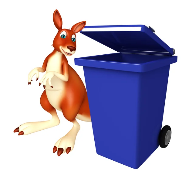 可爱的袋鼠卡通人物与垃圾桶 — 图库照片