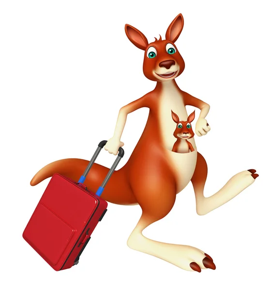 น่ารัก Kangaroo การ์ตูนตัวละครที่มีกระเป๋าเดินทาง — ภาพถ่ายสต็อก