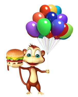 sevimli maymun çizgi film karakteri ile balon ve burger