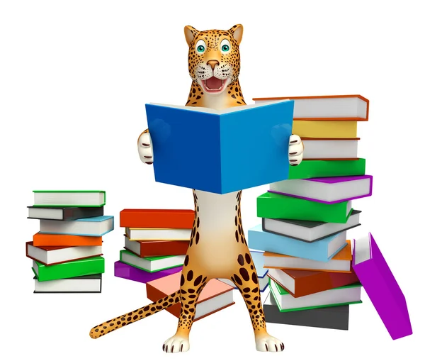 Zábava Leopard kreslená postava s knihou — Stock fotografie