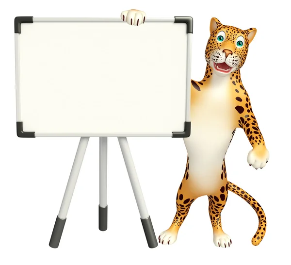 Divertido personaje de dibujos animados de leopardo con tablero de exhibición — Foto de Stock