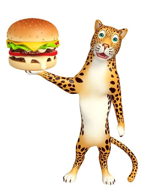 Zábava Leopard kreslená postava s burger — Stock fotografie