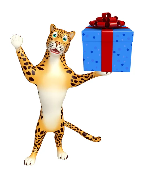 Personaje de dibujos animados leopardo con caja de regalo —  Fotos de Stock