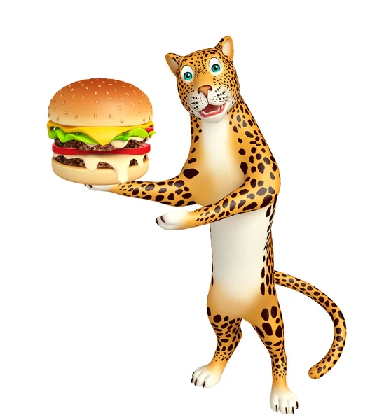 Zábava Leopard kreslená postava s burger — Stock fotografie