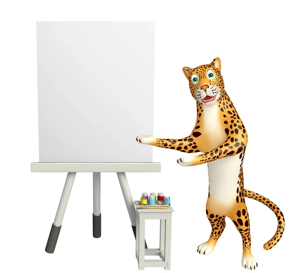 Ładny postać z kreskówki Leopard z zarządu sztalugi — Zdjęcie stockowe
