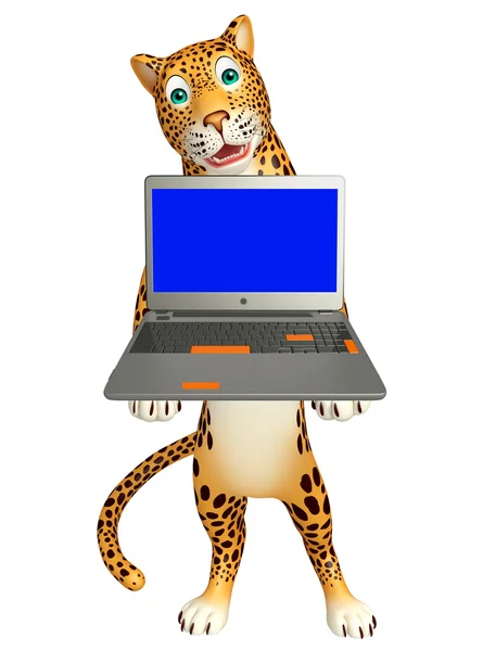 Λεοπάρδαλη χαρακτήρα κινουμένων σχεδίων με φορητό υπολογιστή — Φωτογραφία Αρχείου