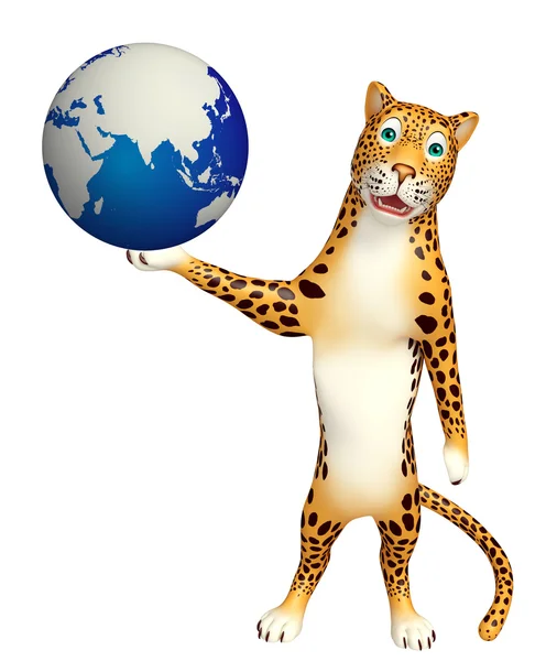 Fun Leopard cartoon character  with earth sign — Stock Photo, Image