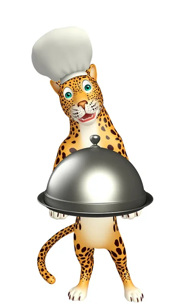 Roztomilý Leopard kreslená postava s kloboukem šéfkuchaře a cloche — Stock fotografie