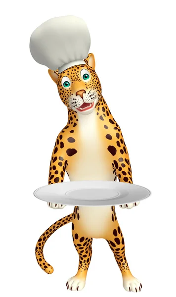 Lindo personaje de dibujos animados de leopardo con sombrero de chef y plato de cena — Foto de Stock