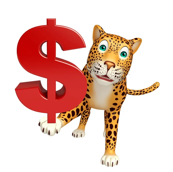 Divertido personagem de desenho animado Leopard com sinal de dólar — Fotografia de Stock