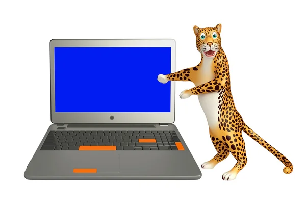 Leopard cartoon character with laptop — Stock Photo, Image
