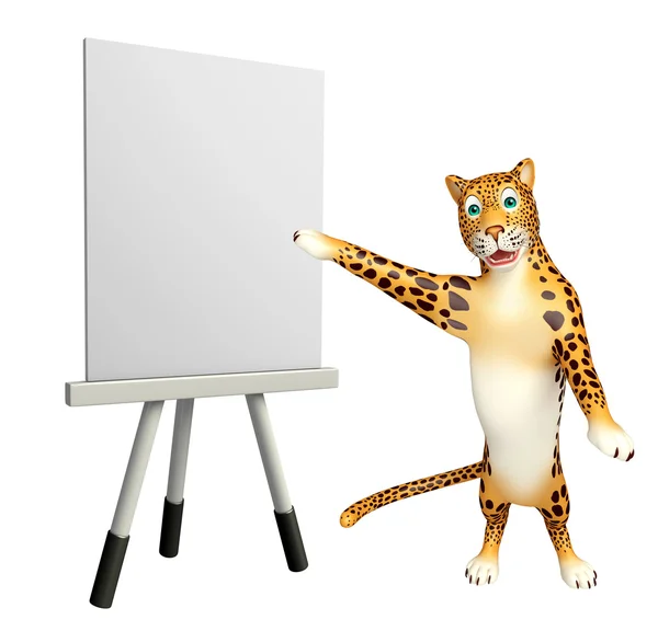 Lindo personaje de dibujos animados de leopardo con tablero de caballete — Foto de Stock