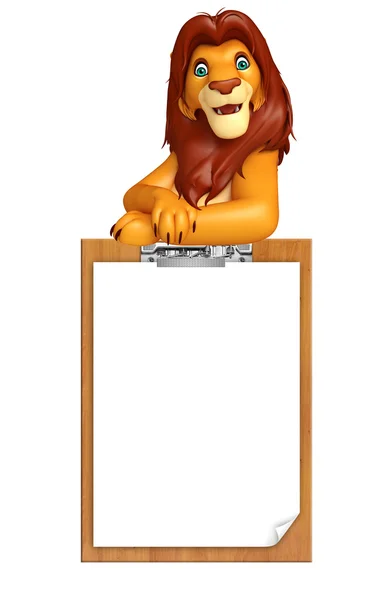 Divertido León personaje de dibujos animados con almohadilla de examen — Foto de Stock