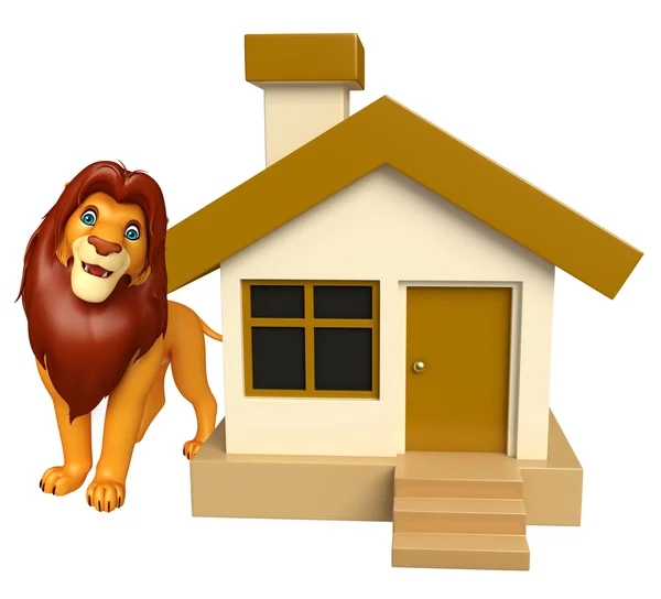 Divertido personagem de desenho animado Leão com casa — Fotografia de Stock