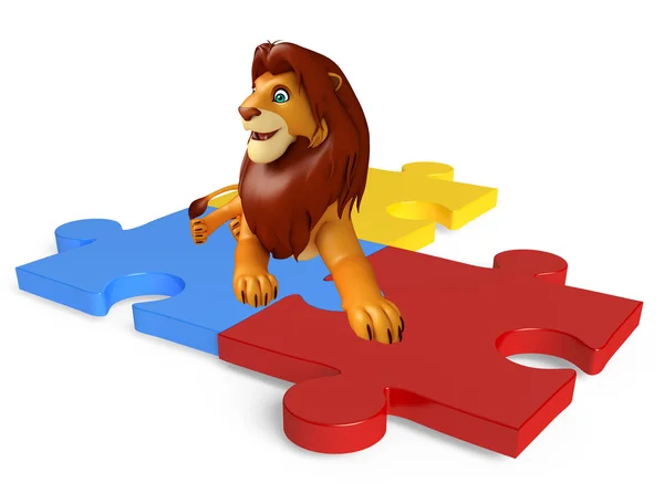 Divertido personagem de desenho animado Leão com quebra-cabeça — Fotografia de Stock
