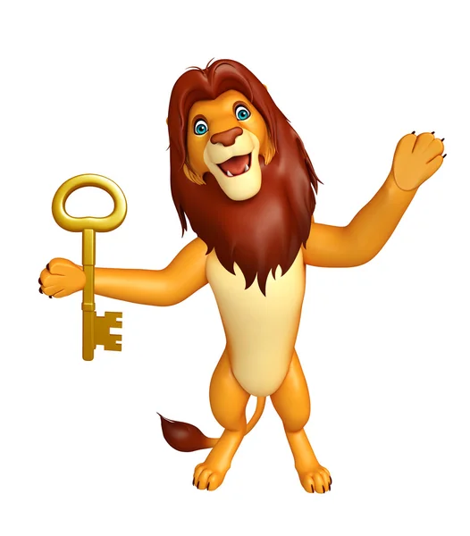Divertido León personaje de dibujos animados con llave — Foto de Stock