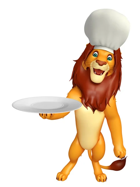 Zábava Lion kreslená postava s kuchař klobouk a večeře deska — Stock fotografie