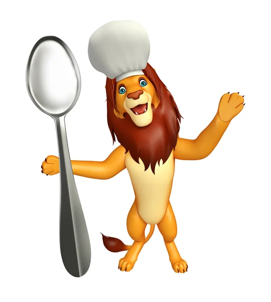 Leuke Lion stripfiguur met chef-kok hoed en lepel — Stockfoto