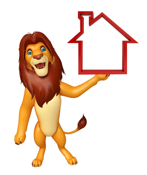 cute  Lion cartoon character with home sign