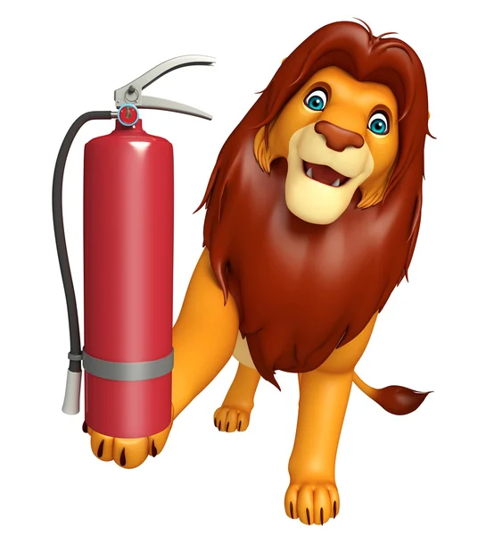 Divertido León personaje de dibujos animados con extintor de incendios — Foto de Stock