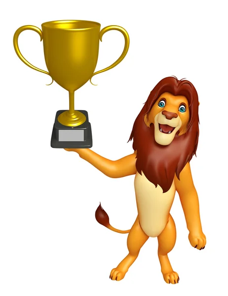 Divertido Leão personagem de desenho animado com copo vencedor — Fotografia de Stock