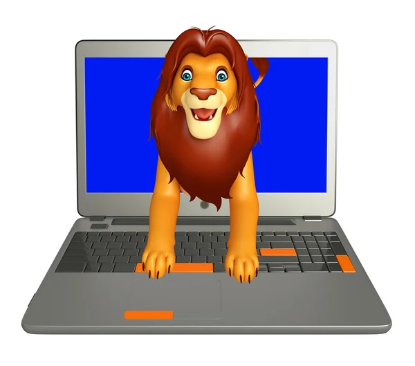 Веселий персонаж мультфільму Лева з ноутбуком — стокове фото