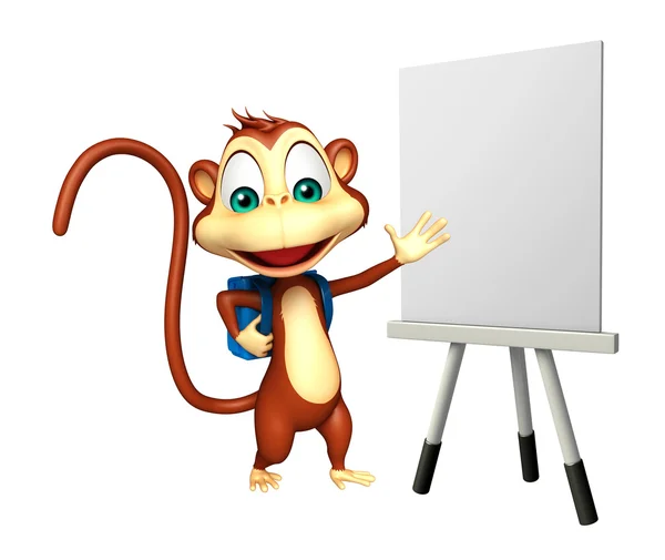 Roztomilý opice kreslená postava s školní tašku a stojan deska — Stock fotografie