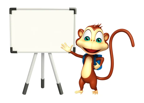 Roztomilý opice kreslená postava s displej a školní batoh — Stock fotografie