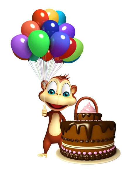 Ładny charakter kreskówka małpa z balonem i ciasto — Zdjęcie stockowe