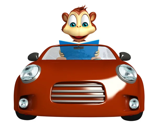 Divertido personagem de desenho animado macaco com livro e carro — Fotografia de Stock