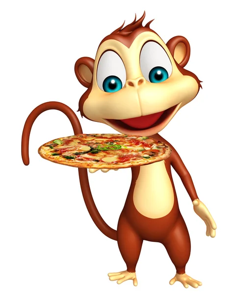 Monkey kreslená postava s pizzou — Stock fotografie