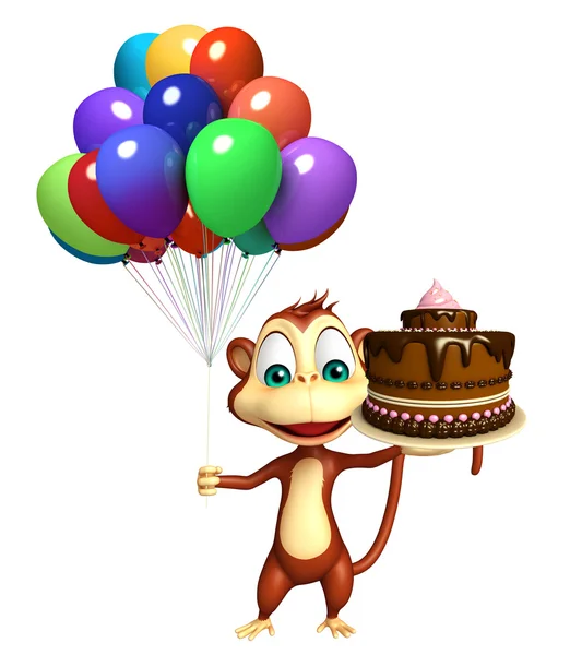 Lindo personaje de dibujos animados Mono con globo y pastel —  Fotos de Stock