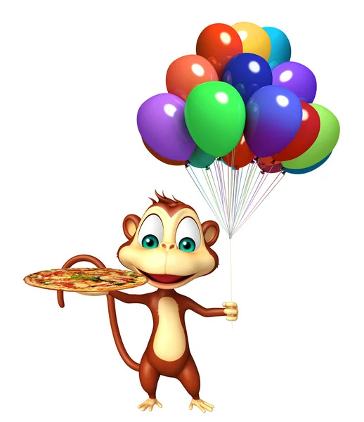 Söt apa seriefiguren med ballong och pizza — Stockfoto