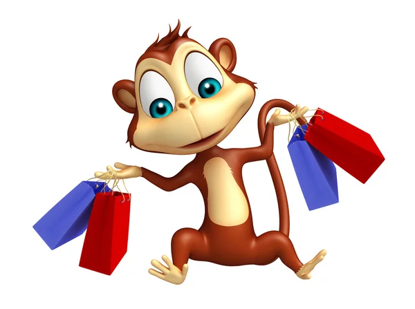 Divertido personaje de dibujos animados mono con bolsa de compras —  Fotos de Stock