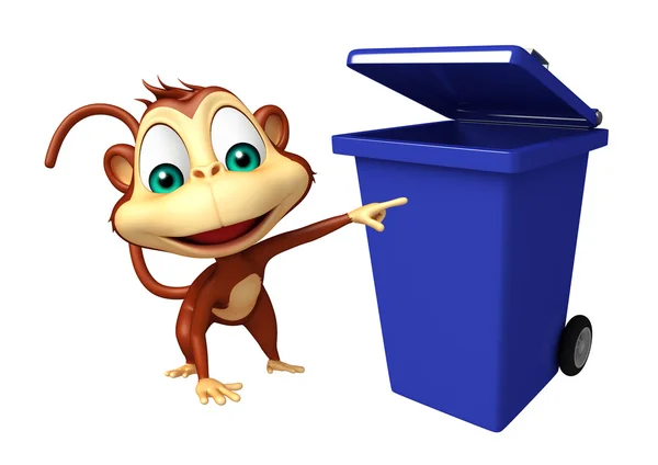 Eğlenceli maymun çizgi film karakteri ile çöp kovası — Stok fotoğraf