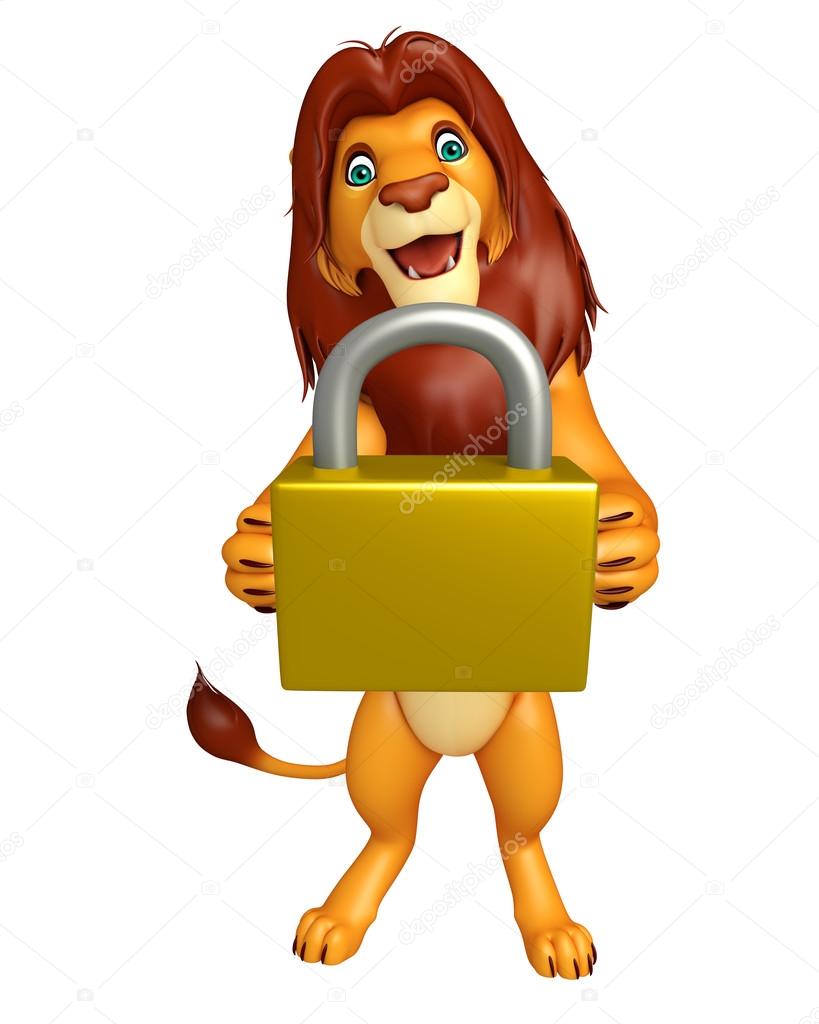cute Lion cartoon character with lock